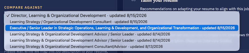A list of saved resume versions, each tailored to a different target role and dated