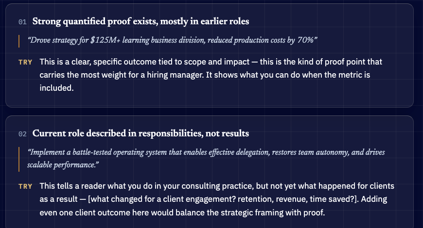 Two findings from a resume analysis, each quoting a line from the resume with a recommendation on what to try